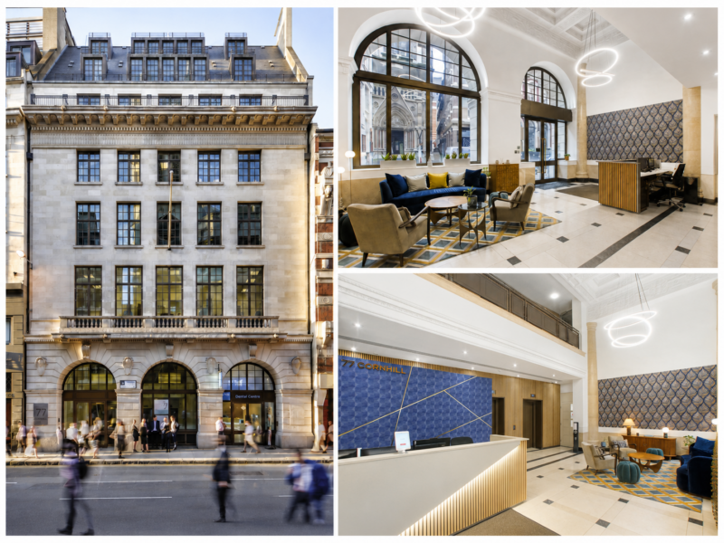 Collage of photos showing external and reception of 77 Cornhill